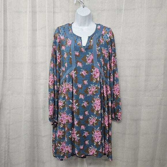 Matilda Jane Blue Pink Floral Peasant Dress Swiss Dot Hippie Boho L - Picture 10 of 10